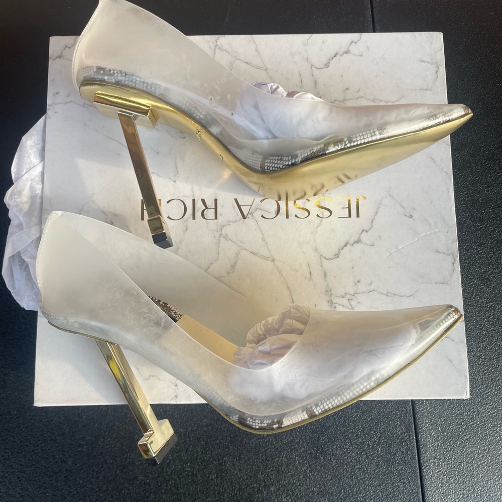 Jessica Rich So Fancy Stiletto Clear Vinyl Pumps Gold Size 35/5